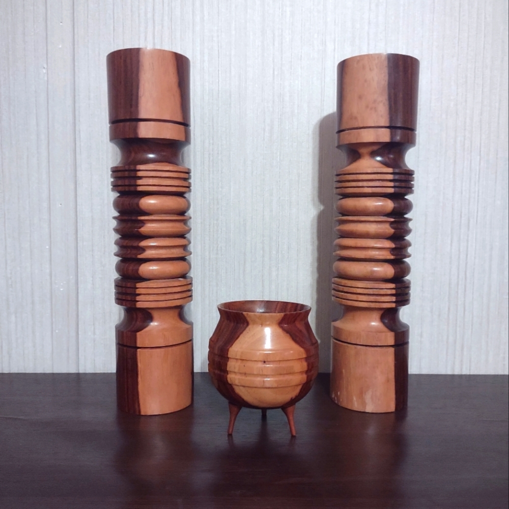 Very Rare MCM Wood Hand Turned Spiral Post Danish Candlestick Holders
